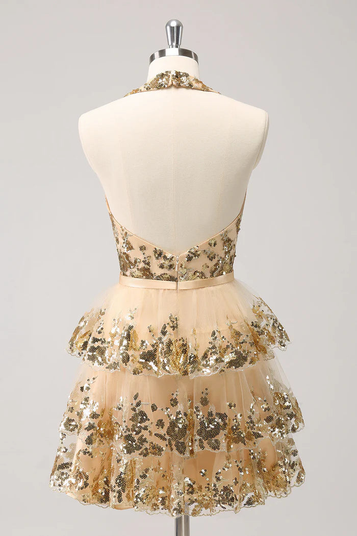 Weitese Dress Sparkly Gold A-Line Halter Tiered Sequined Backless Short Homecoming Dress Sleeveless Open Back Party Dress